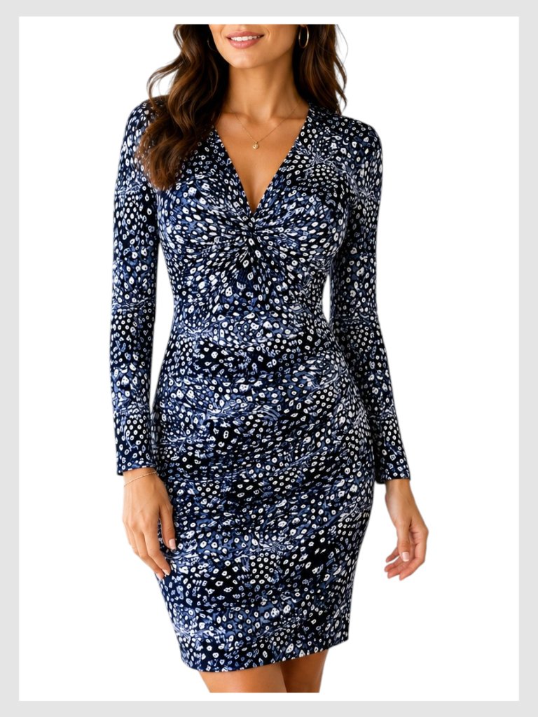 Bcbgmaxazria Ruched Bodycon Dress Blue Long Sleeve S